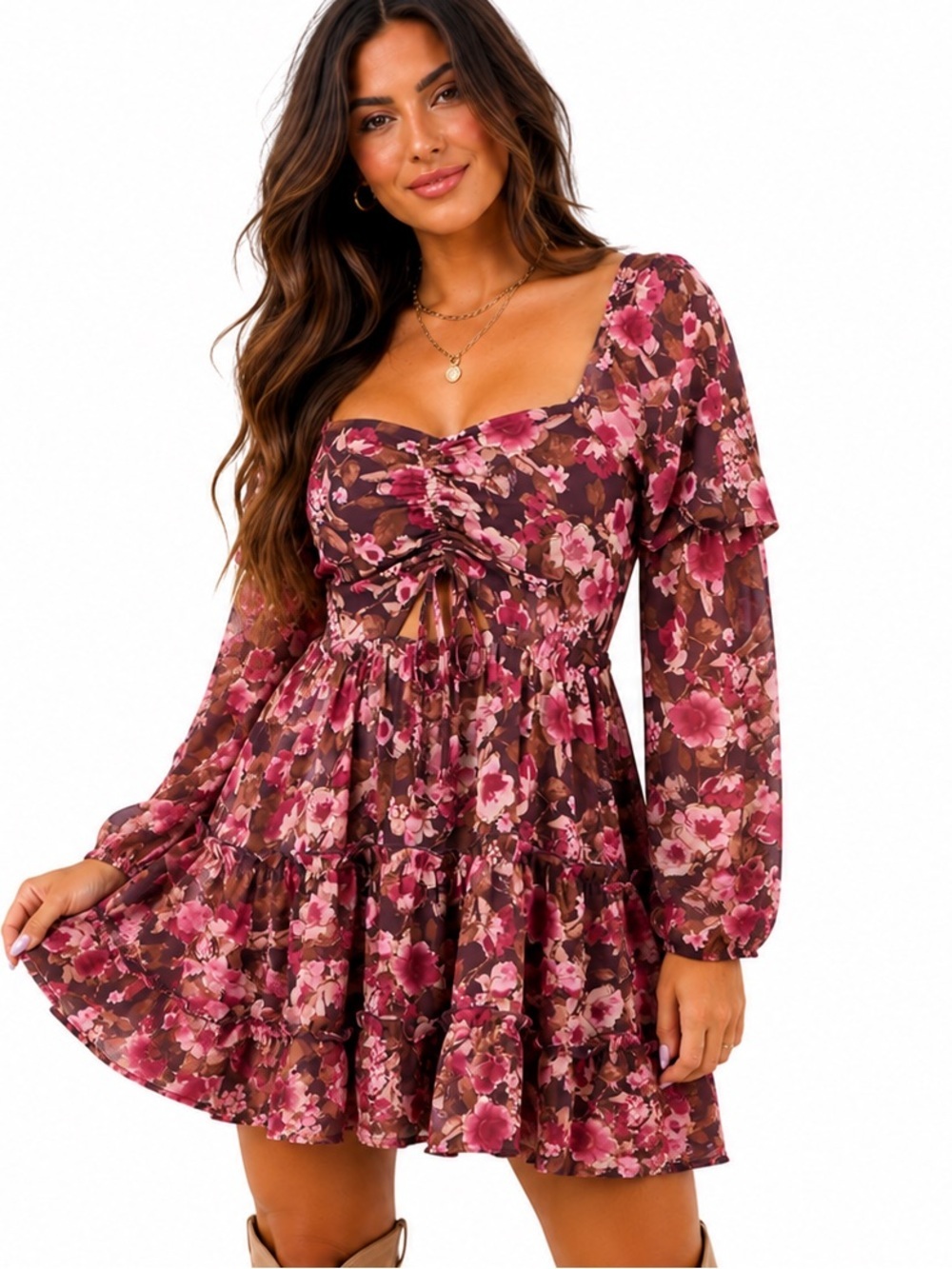 NWT Brown & Pink Floral Tiered Front Cut Out Long Sheer Sleeve Mini Dress Sz S